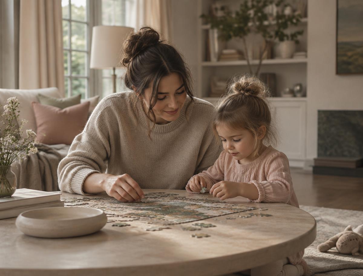 A caregiver and a young child doing a puzzle together